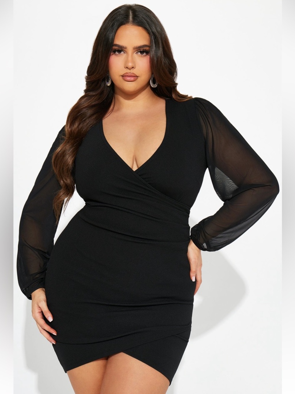 Fashion Nova Black Sheer-Sleeve Wrap V-Neck Mini Dress